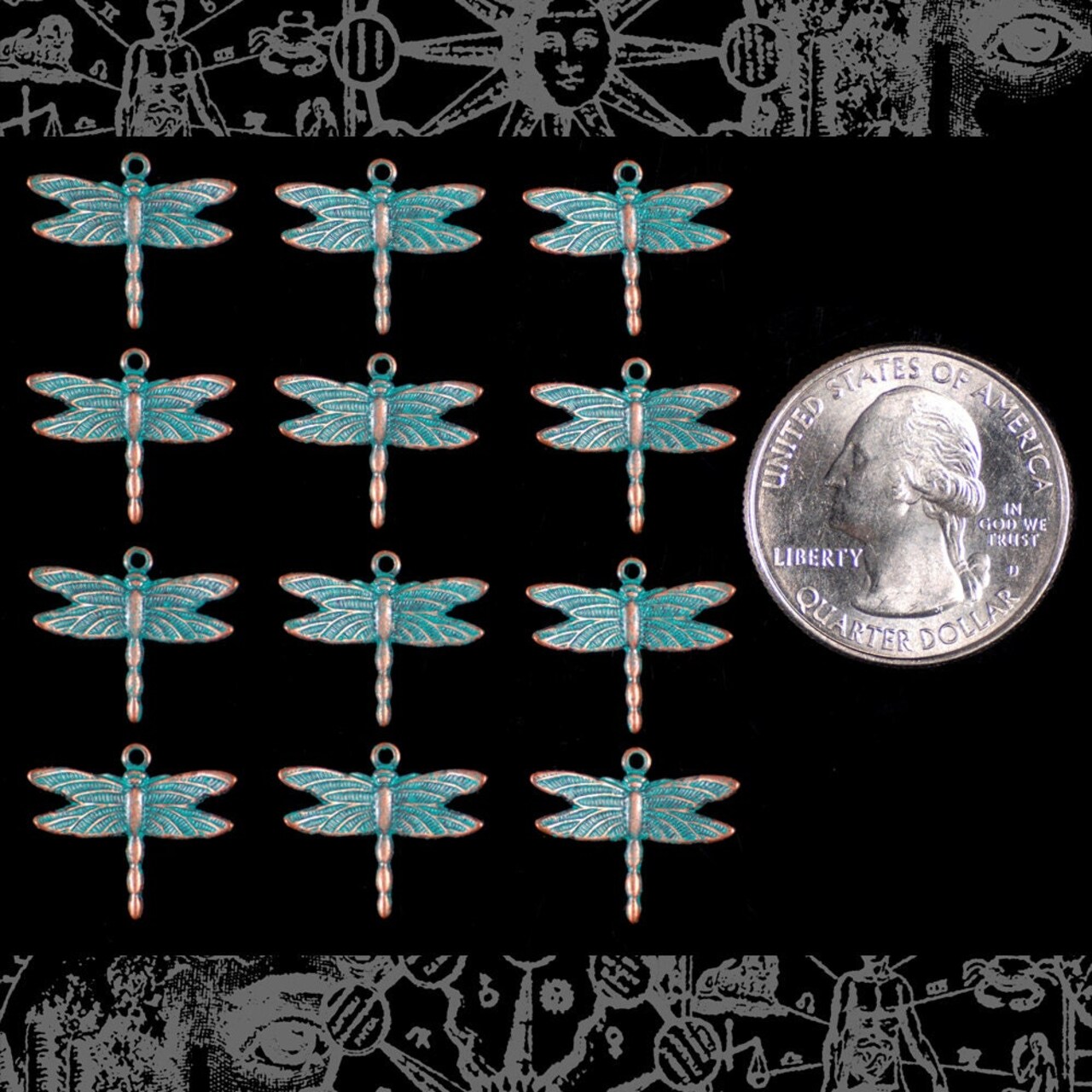 Verdigris Finished Brass Dragonfly Charms with Up Tilted Wings - Set of Twelve- V-C09